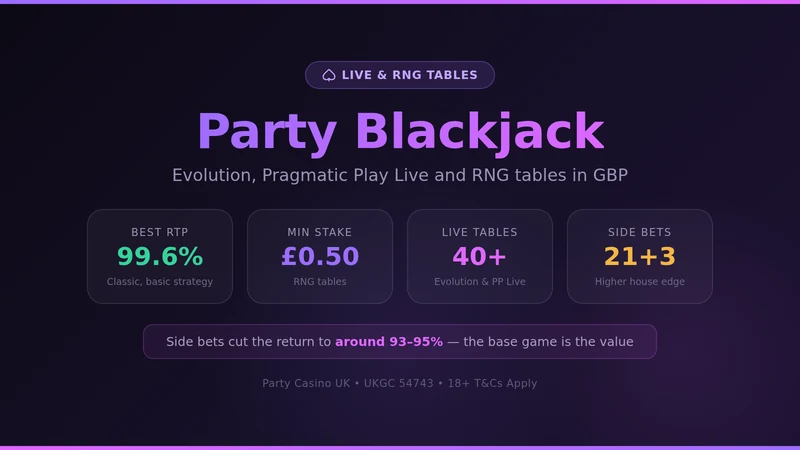 Party Casino blackjack — 99.6% RTP classic rules, £0.50 minimum, 40+ live tables