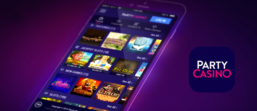 PartyCasino mobile lobby with featured, jackpot and new slots next to the app icon