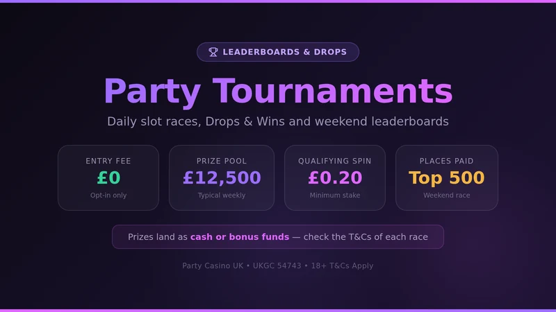 Party Casino tournaments — free entry, £12,500 typical prize pool, £0.20 qualifying spin